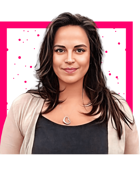 Marion M. Duboy, BCBA, wearing a light jacket over a black top and a heart-shaped necklace, stands in front of a white background with pink splatters and a bold pink square border, representing BCBA Miami.