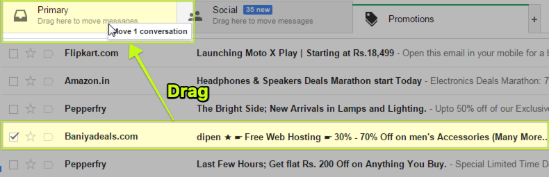 Email being dragged to the primary tag on Gmail.