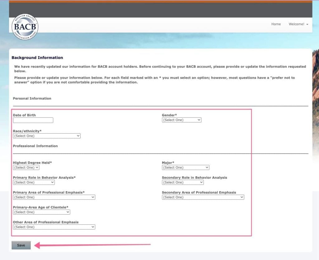 The BACB's background information page with an arrow pointing to the "Save" button in the lower left-hand corner.