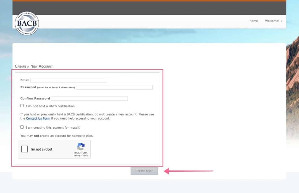 The BACB create a new account page with an arrow pointing to the "Create User" button in the lower center of the page.