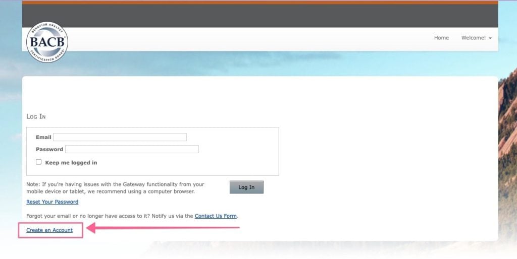 The BACB's login page with an arrow pointing to the "Create an Account" button in the lower left-hand corner.
