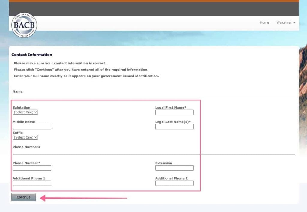 The BACB's contact information page with an arrow pointing to the "Continue" button in the lower left-hand corner.