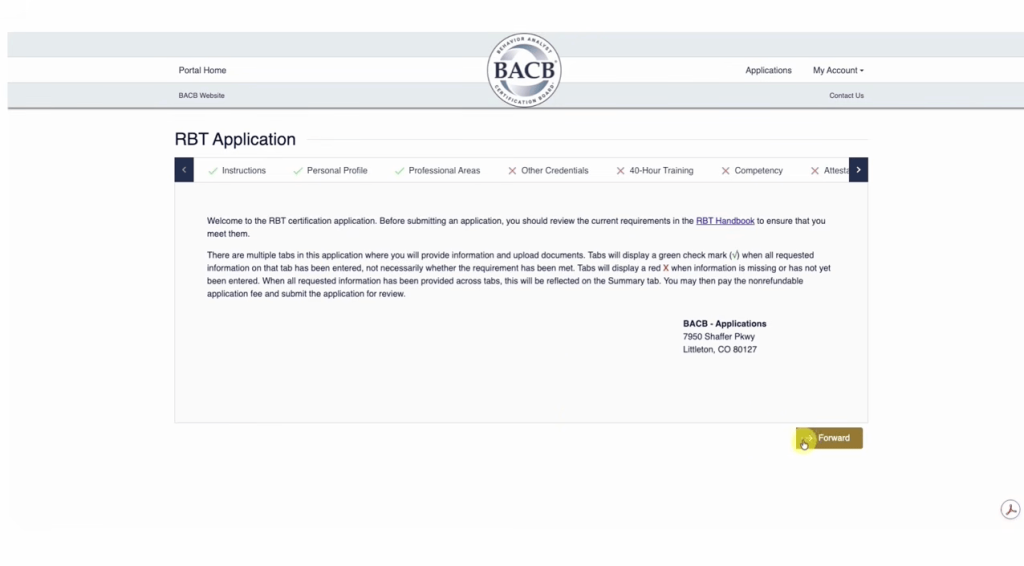 Screenshot of the BACB RBT Application webpage showing navigation tabs, introductory text about the application process, and a highlighted yellow Next button at the bottom right corner.