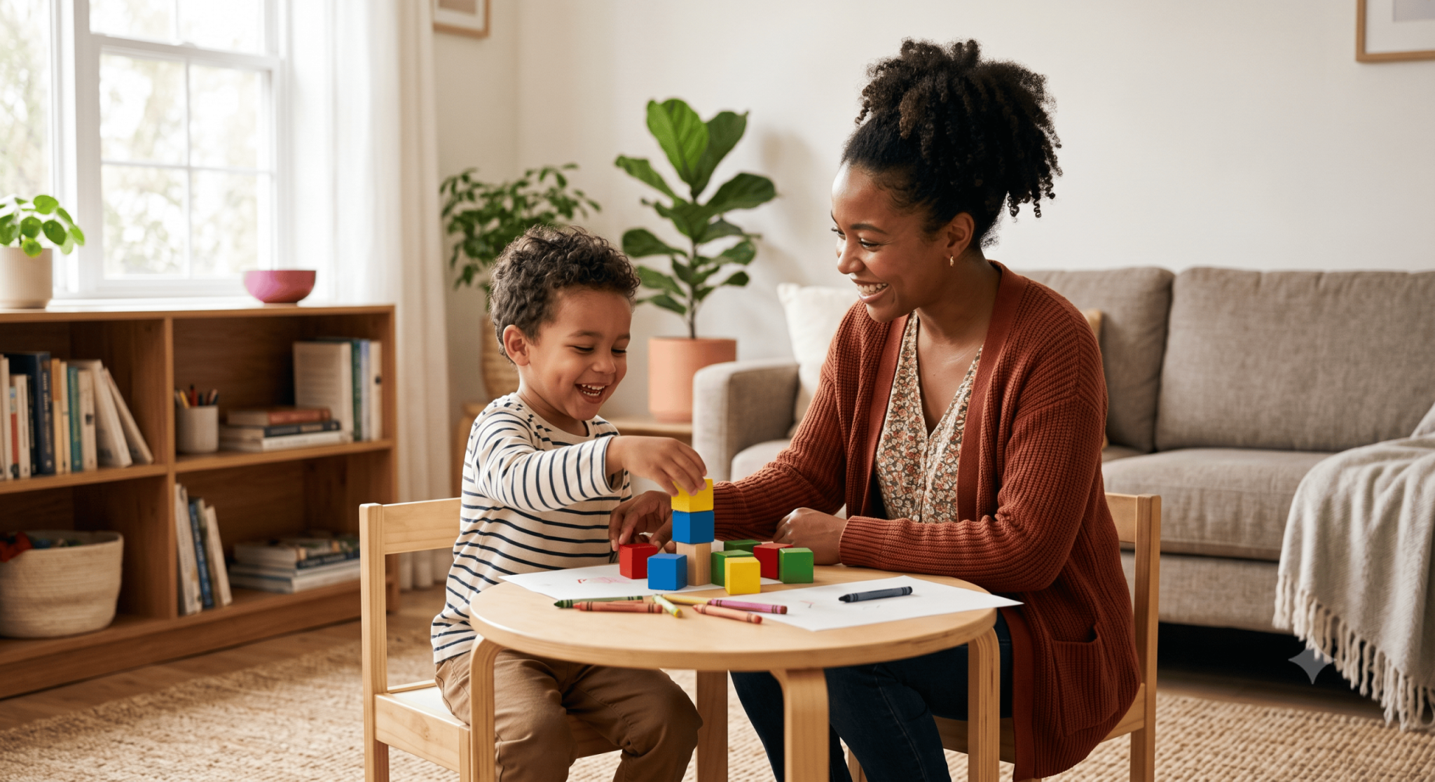 A young child and an adult sit at a small table in a cozy living room, smiling and playing with colorful wooden blocks. Drawings, colored pencils, and plants decorate the bright, tidy space.